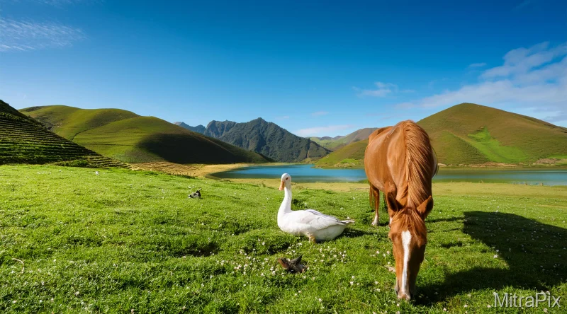 Serene Partnership- Horse and Goose in a Pasture 3